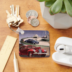 Vintage Cars, Classic Sedans Road Trip on Freeway Schlüsselanhänger