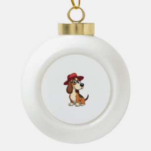 Vintage-Cartoon Basset Hound mit roter Mütze Süßer Keramik Kugel-Ornament