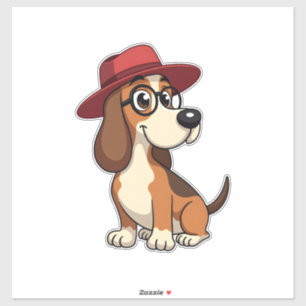 Vintage-Cartoon eines Basset Hounds mit roter Mütz Aufkleber