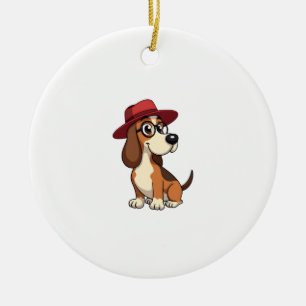 Vintage-Cartoon eines Basset Hounds mit roter Mütz Keramik Ornament