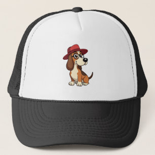 Vintage-Cartoon eines Basset Hounds mit roter Mütz Truckerkappe