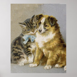 Vintage cat and dog intimate friendship poster