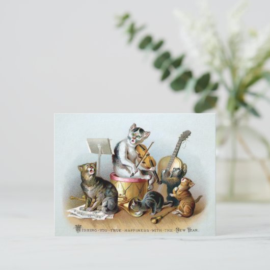 Vintage Cat Band New Year Postkarte (Stehend Vorderseite)