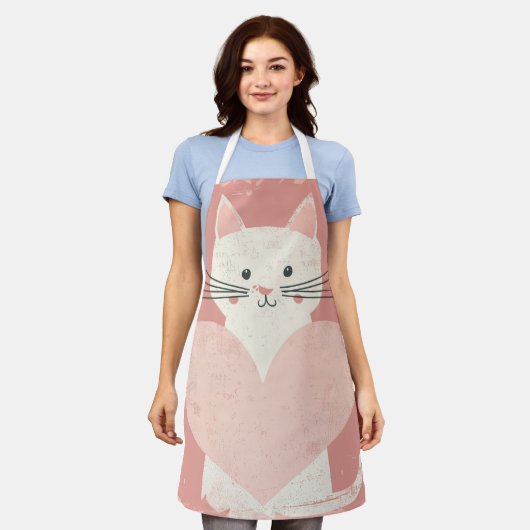 Vintage Cat Cartoon Schürze mit Herz und Rosa (Getragen)