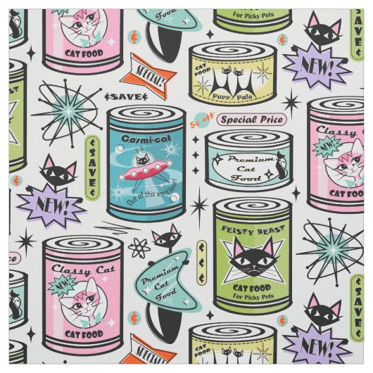 Vintage Cat Food Cans auf Blassgrau ©studioxtin Stoff (Muster)