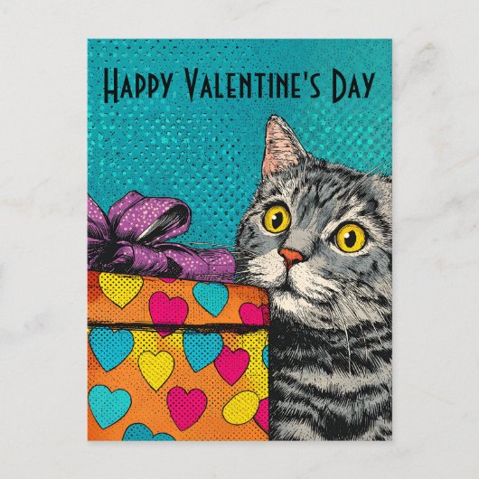 Vintage Cat & Heart Gift Box Valentine's Day Postkarte (Vorderseite)