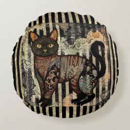 Vintage Cat Retro,Stripes Pattern  Rundes Kissen