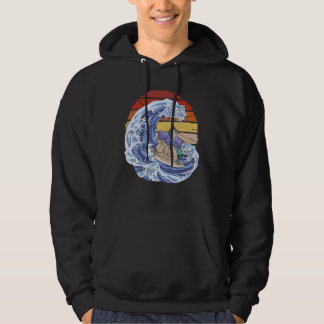 Vintage cat surfing a wave wearing Japanese tradit Hoodie