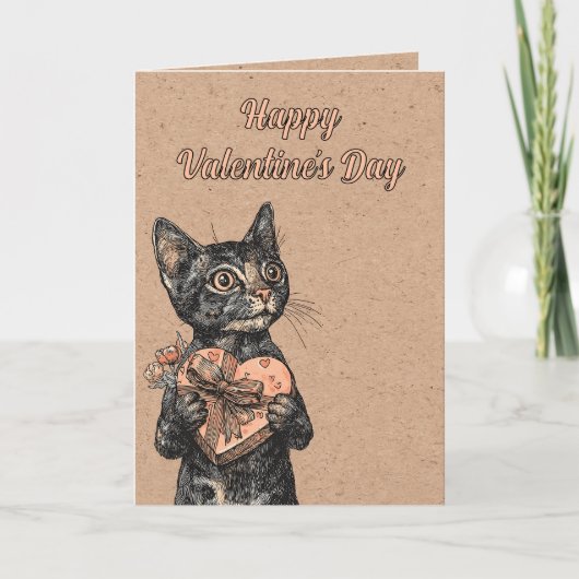 Vintage Cat With Heart Box Valentines Day Karte (Vorderseite)