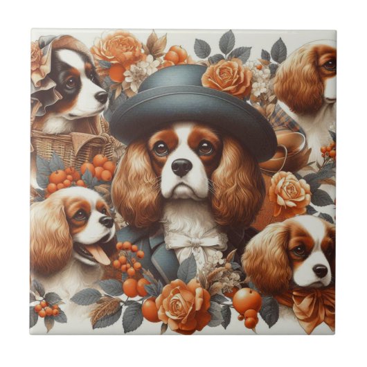 Vintage Cavalier King Charles Spaniel Gemälde Fliese (Vorderseite)