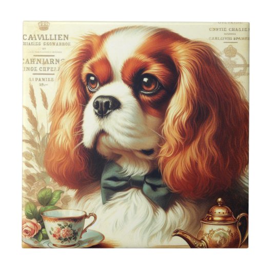 Vintage Cavalier King Charles Spaniel Gemälde Fliese (Vorderseite)