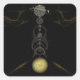 vintage celestial black and yellow quadratischer aufkleber
