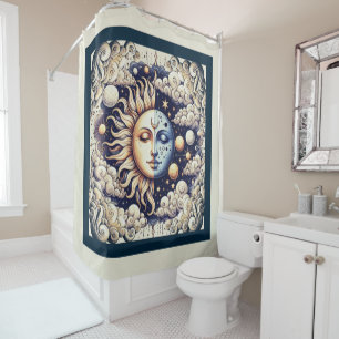 Vintage Celestial Halb Sonne & Mond Blau Gelb Duschvorhang