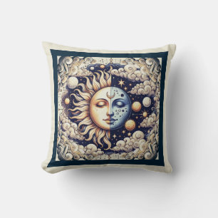 Vintage Celestial Halb Sonne & Mond Blau Gelb Kissen