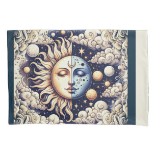 Vintage Celestial Halb Sonne & Mond Blau Gelb Kissenbezug