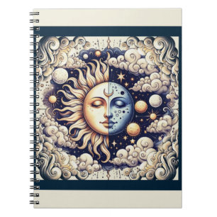 Vintage Celestial Halb Sonne & Mond Blau Gelb Notizblock