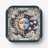Vintage Celestial Halb Sonne & Mond Blau Gelb Pappteller (Vorderseite)