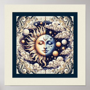 Vintage Celestial Halb Sonne & Mond Blau Gelb Poster