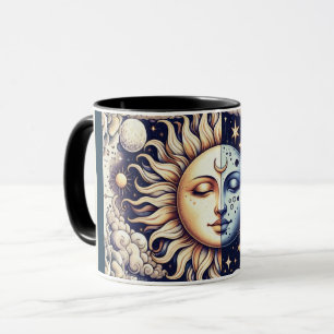 Vintage Celestial Halb Sonne & Mond Blau Gelb Tasse