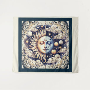 Vintage Celestial Halb Sonne & Mond Blau Gelb Wandteppich
