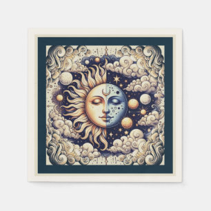 Vintage Celestial Halb Sonne und Mond Blau Gelb Serviette