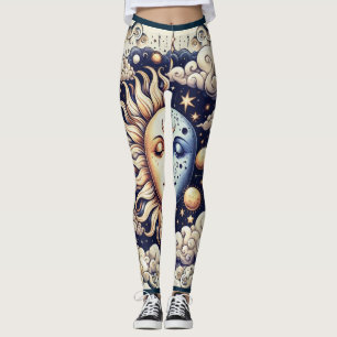 Vintage Celestial Halb Sun & Moon Blau gelb Leggings