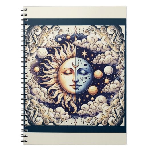 Vintage Celestial Halb Sun & Moon Blau gelb Notizblock (Vorderseite)