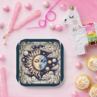Vintage Celestial Halb Sun & Moon Blau gelb