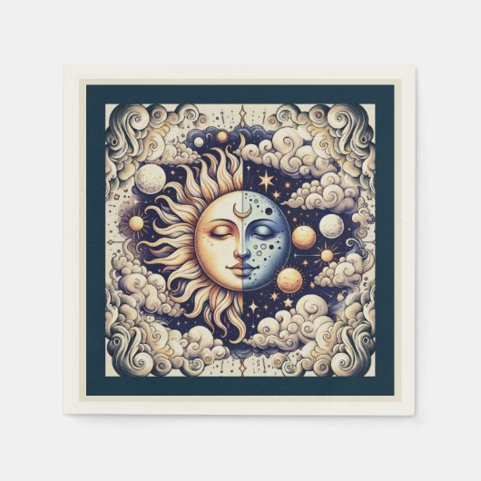 Vintage Celestial Halb Sun & Moon Blau gelb Serviette (Vorderseite)
