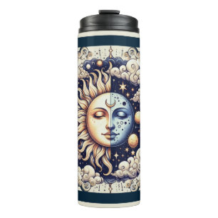 Vintage Celestial Halb Sun & Moon Blau gelb Thermosbecher