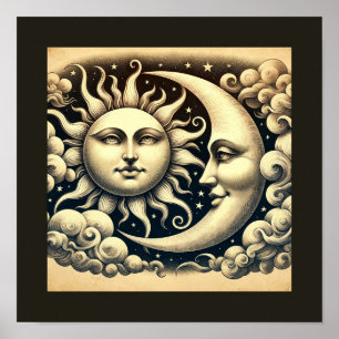 Vintage Celestial Sonne & Mond  Poster