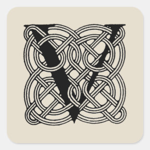 Vintage-Celtic-Knoten-Monogramm Buchstabe V Druck Quadratischer Aufkleber