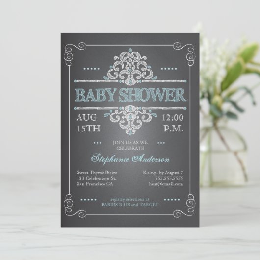 Vintage Chalkboard Babydusche Boy Blue Einladung (Stehend Vorderseite)