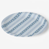 Vintage Chambray Blau Schuppenrand Blumenstreifen Pappteller (Schrägansicht)