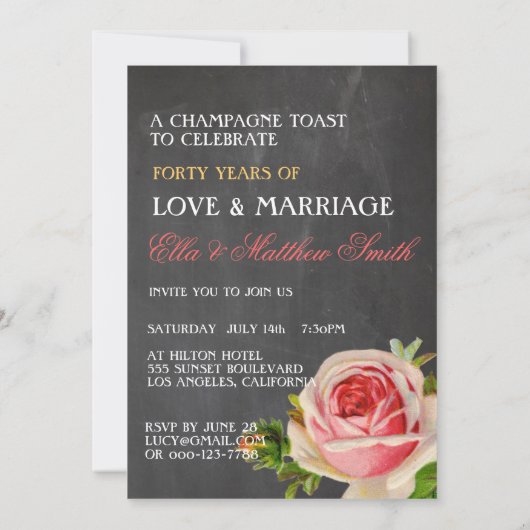 Vintage Champagner-Rose Chalkboard Jahrestag Einladung (Rückseite)
