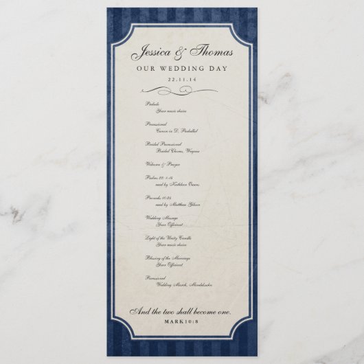 Vintage Charm Navy Blaues Hochzeitsprogramm Programm (Vorderseite)