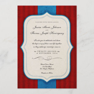 Vintage Charm Rot & Blau Monogramm Hochzeit Einladung