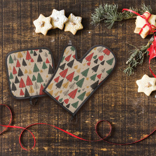 Vintage Charm: Weihnachtsbaum-Muster Ofenhandschuh & Topflappen-Set