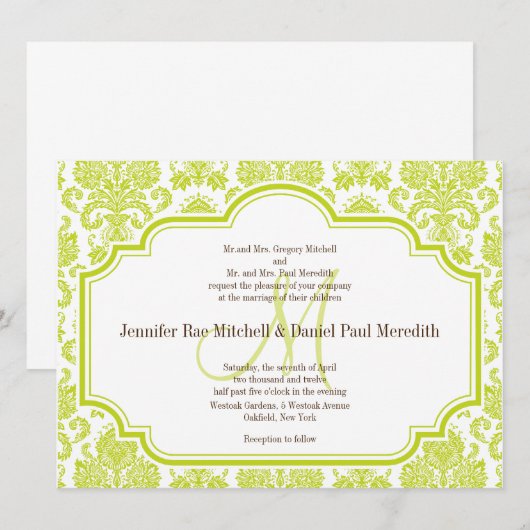 Vintage Chartreuse Damask Einladungen (Vorne/Hinten)