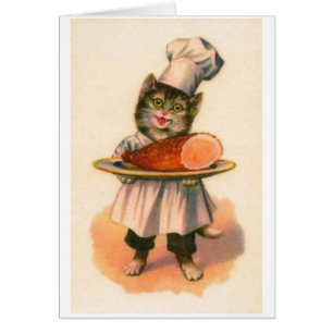 Vintage - Chef Katze serviert gebratenen Schinken,