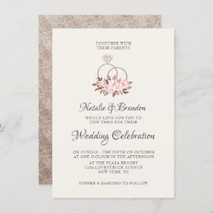 Vintage Cherish Pink Floral Rose & Rings Wedding Einladung
