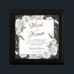 Vintage Cherish Trauzeugin Zitat Personalisiert Erinnerungskiste<br><div class="desc">Vintage Cherish White Floral & Rose Gold lackierte Rose und Blume. Vintag klassisches und elegantes Aussehen, viel Grau, Elfenbeinweiß, Rose Gold, Dusty Pink, Pine Green, Gray Blätter und Blattwerk. Mit handgemalten Blütenelementen, Vintagen Schriftart für klassische Schrift und eleganten Rose Gold Glitzer Foil Geometric Square Rahmen auf einem kohlefarbigen, dunkelgraufarbigen Hintergrund...</div>