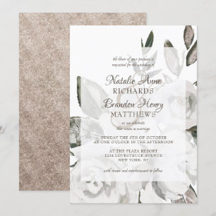 Vintage Cherish Weiße Blumen & Rosen gerahmte Hoch Einladung