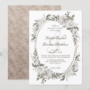 Vintage Cherish Weiße Blumen & Rosen Oval Hochzeit Einladung