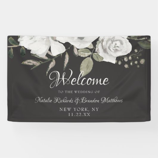 Vintage Cherish White Floral Rose Hochzeit Willkom Banner (Horizontal)