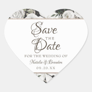 Vintage Cherish White Floral & Rose Save the Date Herz-Aufkleber
