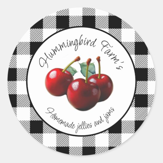 Vintage Cherries black white gingham Runder Aufkleber (Vorderseite)