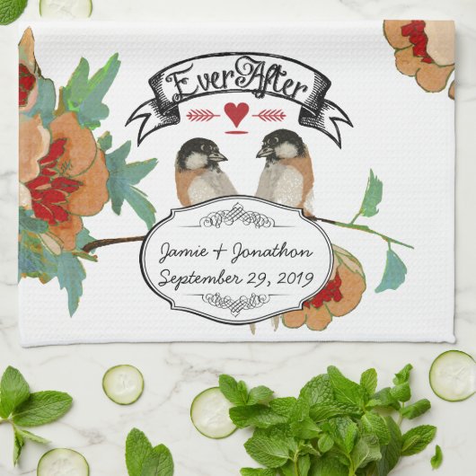 Vintage Cherry Blossom Love Bird Pfirsichminze Geschirrtuch (Gefaltet)