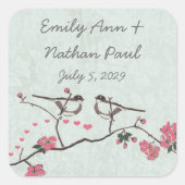Vintage Cherry Blossom Love Bird Pfirsichminze Quadratischer Aufkleber (Vorderseite)