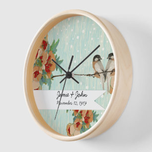 Vintage Cherry Blossom Love Bird Pfirsichminze Uhr